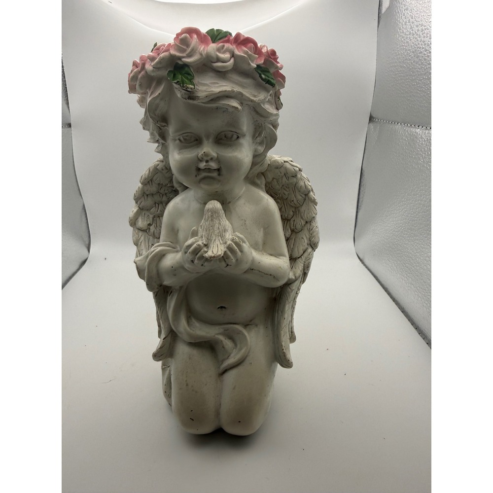 Vintage Cherub Angel Figurine Kneeling with Bird and Rose Crown Garden Statue